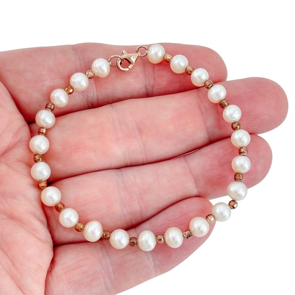 Vintage Rose Gold-Tone Sterling Silver 925 Pearl Bracelet 7.5"
